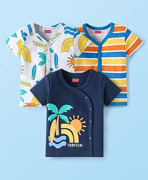 Babyhug Interlock Knit Half Sleeves Front Open Vests with Tropical Theme Print & Stripes Pack of 3 - Navy Blue & White