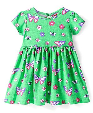 Babyhug Cotton Knit Half Sleeves Frock With Butterfly & Floral Print - Green