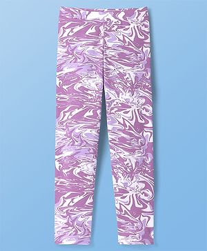 Pine Kids Cotton Lycra Knit Full Length Legging With Abstract Print - Purple & White