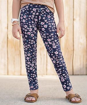 Pine Kids Cotton Lycra Knit Full Length Leggings with Floral Print - Navy Blue