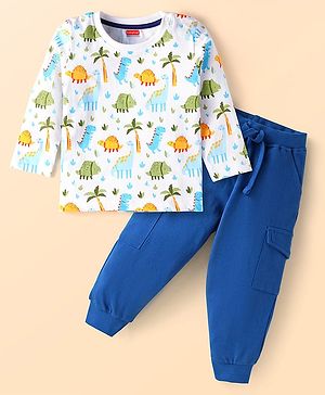 Babyhug Single Jersey Knit Full Sleeves Dino Printed T-Shirt & Joggers Set - White & Blue