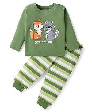 Babyhug Cotton Knit Full Sleeves Night Suit with Fox & Sloth Bear Print & Stripes - Green