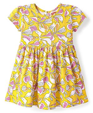 Babyhug Cotton Knit Half Sleeves Frock With Floral Print - Yellow