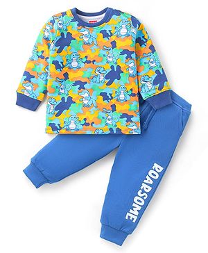 Babyhug Terry Knit Full Sleeves T-Shirt & Lounge Pant Set With Dino Print - Green & Blue