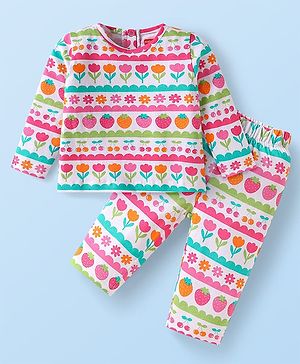 Babyhug Cotton Knit Full Sleeves Night Suit With Floral & Fruit Print - White