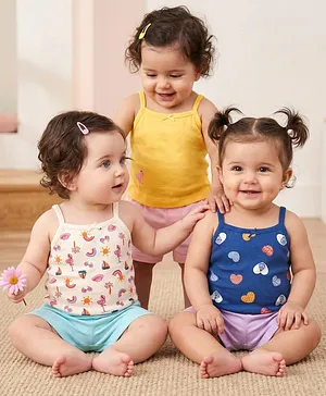Babyoye Cotton Elastane Knit Sleeveless Slips
                      With Bird Print Pack Of 3 - Yellow White &
                      Navy Blue