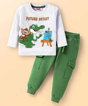 Babyhug Single Jersey Knit Full Sleeves T-Shirt & Lounge Pant Set With Crocodile & Text Print - White & Green