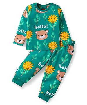 Babyhug Cotton Knit Full Sleeves Night Suit with Bear Print - Green