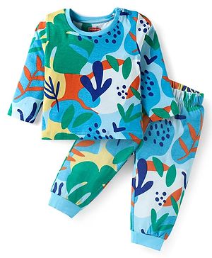 Babyhug Cotton Knit Full Sleeves Co-Ord Night Suit with Leaves Print - Light Blue