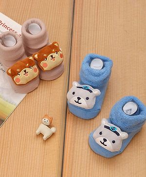 Yellow Bee Cotton Pack Of 2 Dog & Bear Applique Designed Socks - Beige & Blue