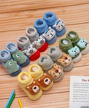 Yellow Bee Pack Of 6 Cotton Baby Animal Faces Applique Detailed Socks - Multi Colour