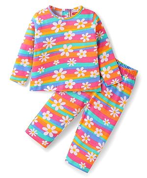 Babyhug Cotton Knit Full Sleeves Night Suit with Floral Print & Stripes - Red