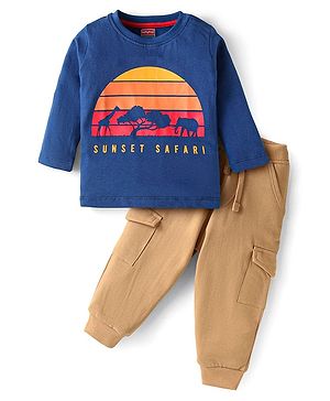 Babyhug Single Jersey Knit Full Sleeves T-Shirt & Lounge Pant Set With Sunset Print - Royal Blue & Brown