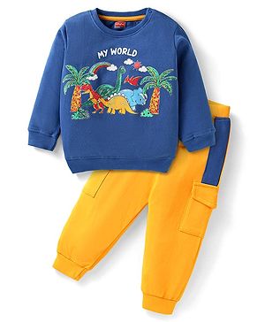 Babyhug Terry Knit Full Sleeves Dino Print T-Shirt & Color Block Lounge Pants -  Blue Yellow