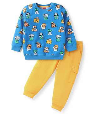 Babyhug Terry Knit Full Sleeves T-Shirt & Lounge Pant Set With Animal Print - Blue & Yellow