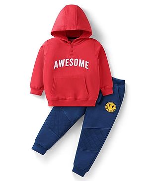 Babyhug Terry Knit Full Sleeves Hooded Sweatshirt & Lounge Pant with Text Print - Red & Blue