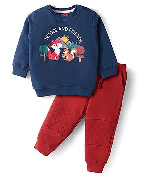 Babyhug Terry Knit Full Sleeves T-Shirt & Lounge Pant Set With Animal Print - Navy Blue & Red