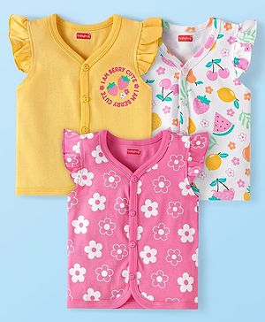 Babyhug 100% Cotton Woven Sleeveless Frill Detailing Front Open Vest with Tropical Theme Print Pack Of 3 - Blue White & Yellow