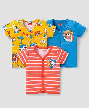 Babyhug 100% Cotton Knit Half Sleeves Front Open Vests with Beach Theme Print & Stripes Pack of 3 - Yellow Blue & Red