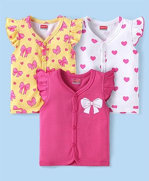Babyhug Interlock Knit Frill Sleeves Front Open Vests With Heart & Bow Print Pack of 3 - Dark Pink White & Yellow