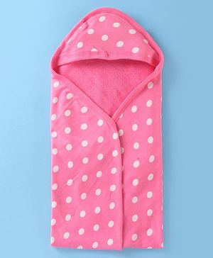 Babyhug 100% Cotton Terry Woven Hooded Wrapper with Polka Dots Print L 76 x B 76 cm - Pink