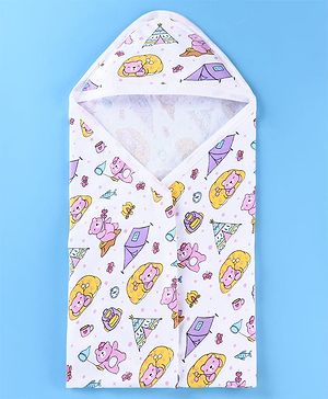 Babyhug Terry Woven Hooded Wrapper with Bear Print L 79 x B 76 cm - White