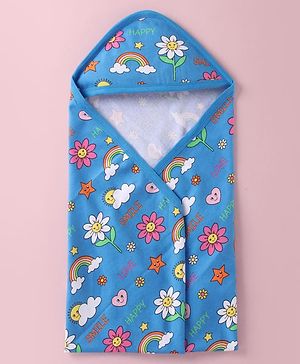Babyhug Terry Woven Hooded Wrapper with  Floral Print L 76 x B 76 cm - Blue
