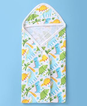 Babyhug Terry Woven Hooded Wrapper with Jungle Theme Print  L 76 x B 76 cm - White