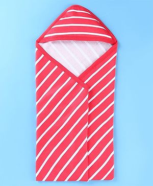 Babyhug Terry Woven Hooded Wrapper with Stripes  L 79 x B 76 cm - White