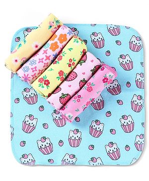 Babyhug Cotton Knit Wash Cloths With Floral & Fruit Print Pack of 6 L 27 x B 25 cm - Multicolour