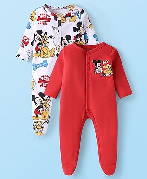 Babyhug Disney Interlock Knit Full Sleeves Footed Sleep Suits With Mickey Mouse Graphics Pack Of 2 - Red & White