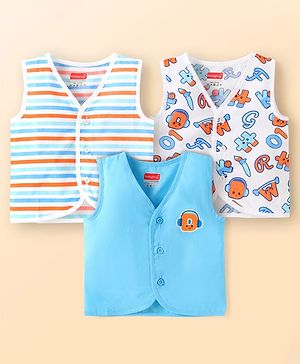 Babyhug Cambric Woven Sleeveless Jhablas With Alphabet Print Pack of 3 - Light Blue & White