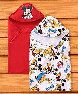 Babyhug Interlock Knit Hooded Bath Towel with Mickey Mouse Graphics L 76 x B 36 cm Pack of 2 - Red & White