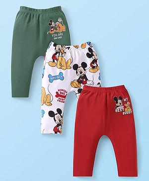 Babyhug Disney Cotton Knit Full Length Diaper Leggings With Mickey Mouse Graphics Pack Of 3 - Dark Green & Red
