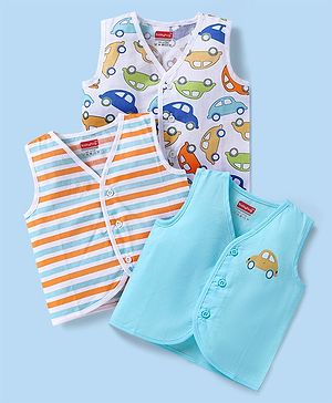 Babyhug Cambric Woven Sleeveless Front Open Jhablas With Car Print Pack of 3 - White Orange & Blue