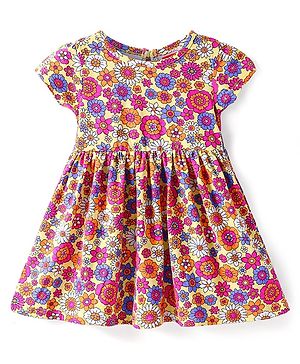 Babyhug Cotton Knit Half Sleeves Frock With Floral Print - Yellow