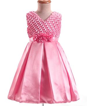 Babyhug Woven Sleeveless Pleated Party Dress With Yoke Design & Floral Corsage - Pink