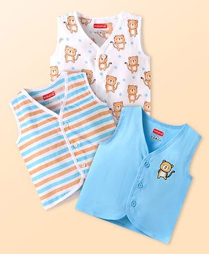 Babyhug Cambric Woven Sleeveless Front Open Jhablas With Animal Print Pack of 3 - White & Blue