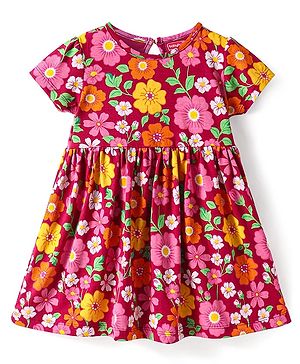 Babyhug Cotton Knit Half Sleeves Frock With Floral Print - Maroon