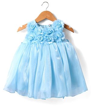 Babyhug Woven Sleeveless Fit & Flare Party Dress with Flowers on Yoke - Light Blue