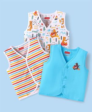 Babyhug 100% Cotton Woven Sleeveless Jhablas with Bear Print & Stripes Pack of 3 - Light Blue & White