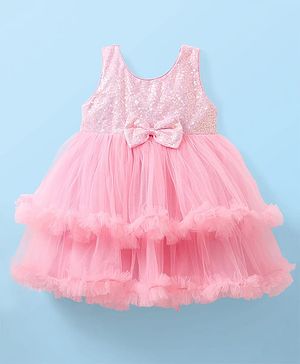 Babyhug Woven Sleeveless Party Dress With Sequinned Yoke & Bow Applique - Pink