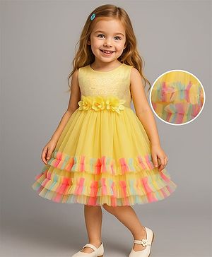 Babyhug Woven Sleeveless Ruffled Party Dress With Sequinned Yoke & Floral Applique - Yellow