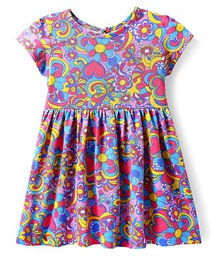 Babyhug Cotton Knit Half Sleeves Floral Printed Frock - Multicolor