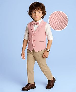 Babyhug Knit Full Sleeves 3 Piece Soild Color Party Suit - Peach & White