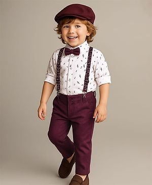 Babyhug Knit Full Sleeves Musical Printed Shirt & Trouser with Suspender Hat & Bow - Wine