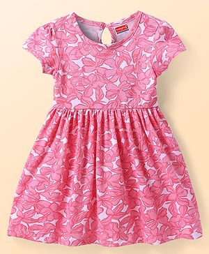 Babyhug Cotton Knit Half Sleeves Floral Printed Frock - Pink