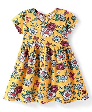 Babyhug Cotton Knit Half Sleeves Frock with Floral Print - Yellow