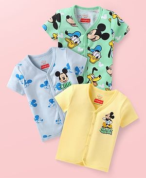 Babyhug Disney Interlock Knit Half Sleeves Jhablas with Mickey Mouse Graphics Pack of 3 - Yellow Light Green & Light Blue