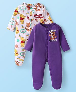 Babyhug Disney Interlock Knit Full Sleeves Footed Sleep Suits With Winnie The Pooh Graphics Pack Of 2 - Purple & White